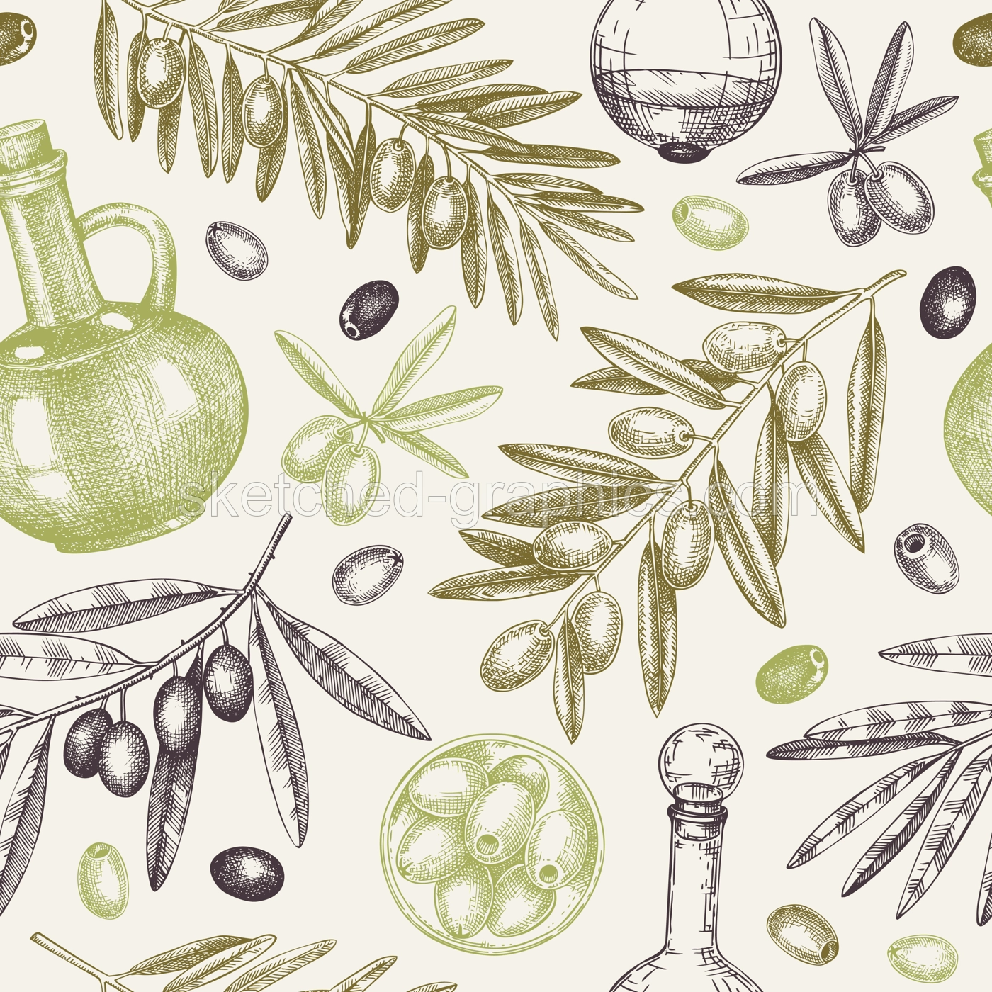 Olive oil seamless pattern. Olive tree branches background in retro style. Food design. Hand-drawn vector illustration. NOT AI generated. Illustration
